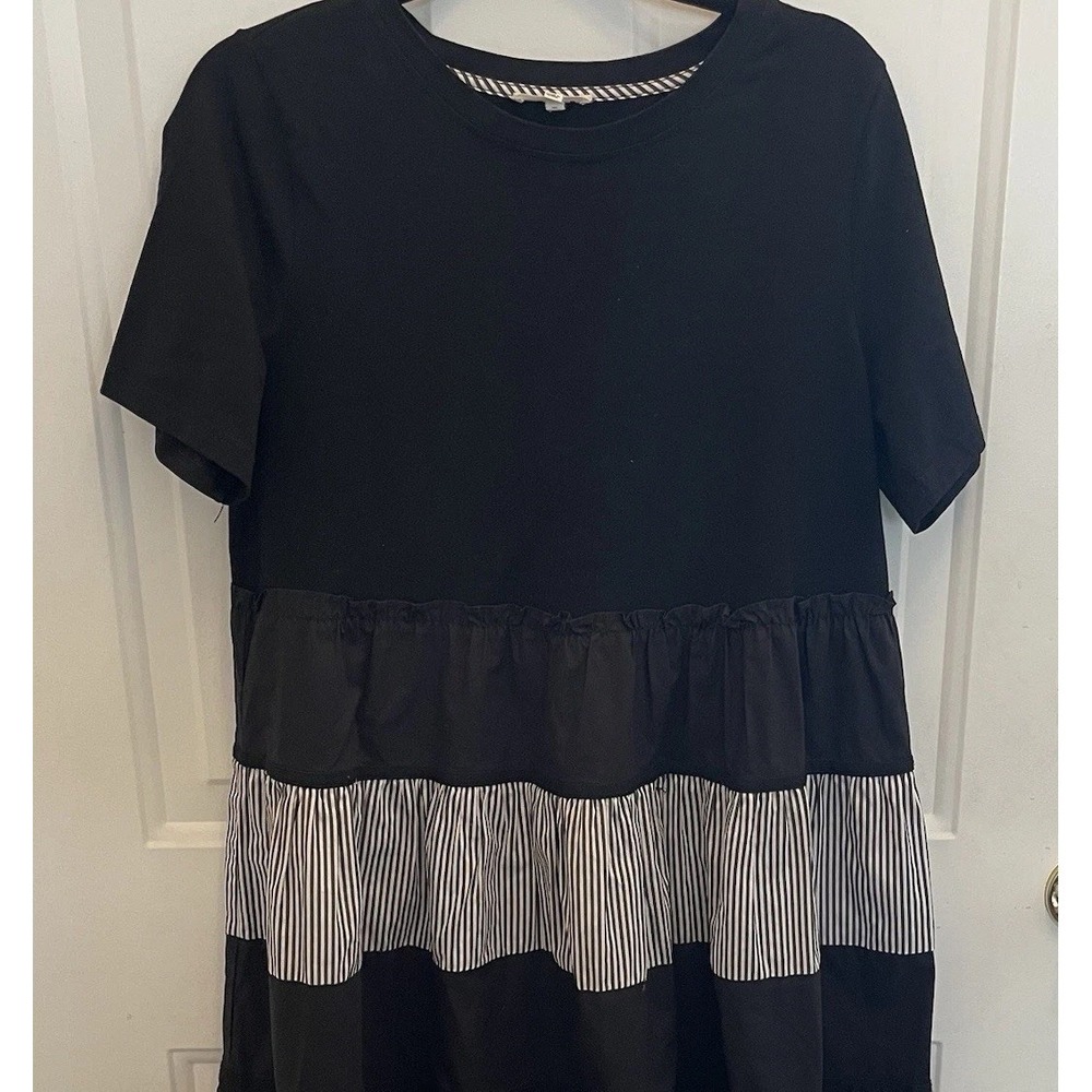 Joh Black Tiered Ruffle Midi Dress Stripe Relaxed Casual Womens M Boho Beach